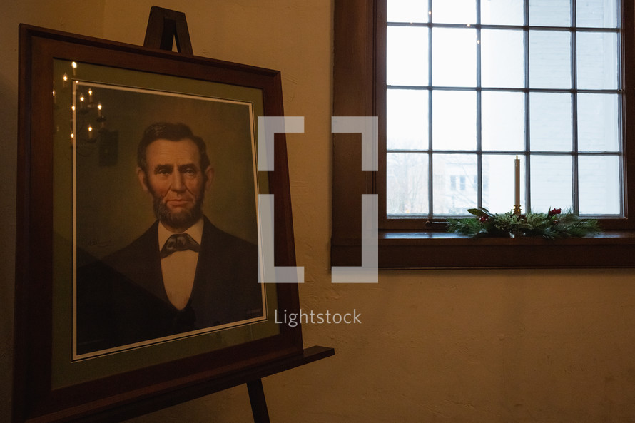 Historic building preserved - portrait of Abraham Lincoln at Christmas