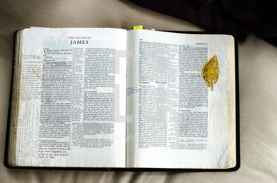 handwritten notes on the pages of an opened Bible - James 