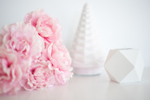 pink flowers, white candle holders, holidays 