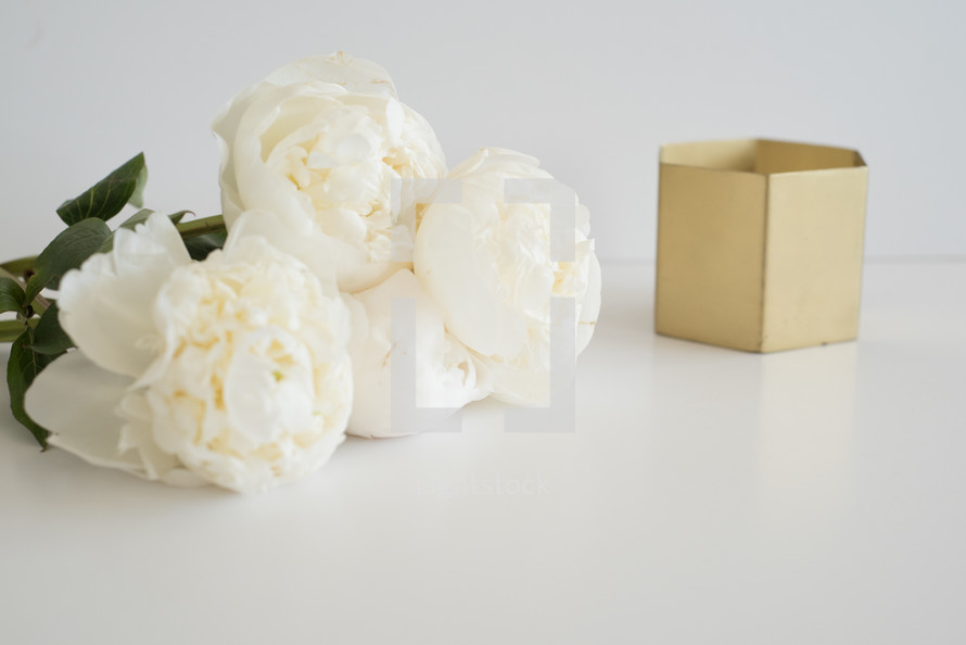 White flowers and a gold box on a white surface.