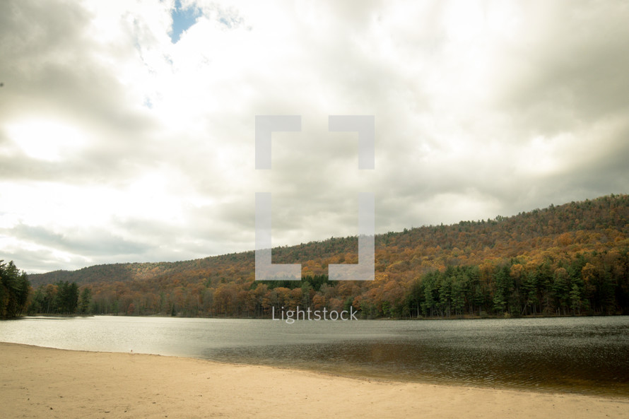 fall trees along a lake shore 