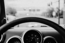 Steering wheel in a car.