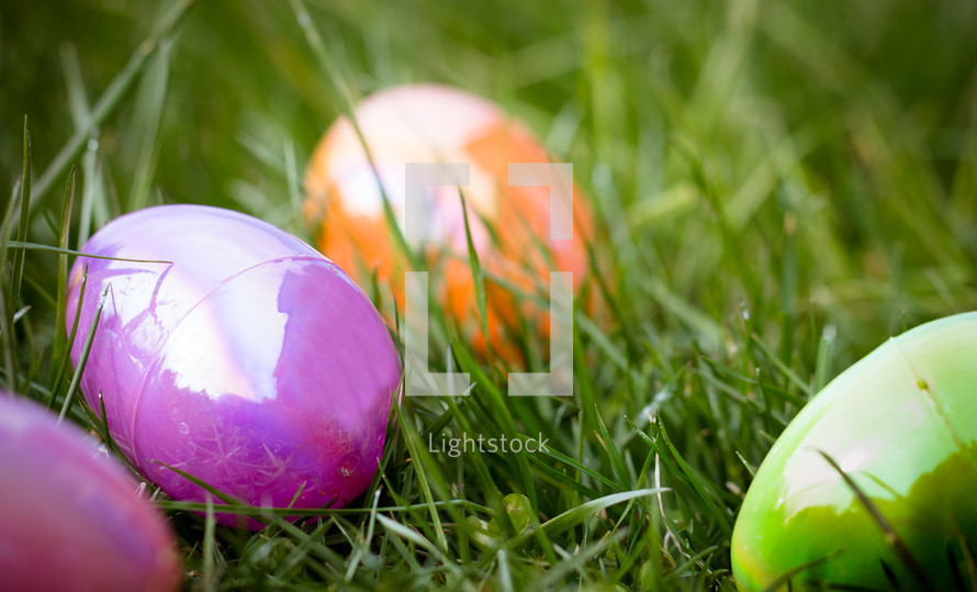 Multi-colored plastic Easter eggs in grass 