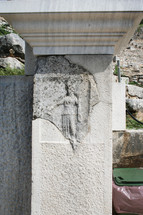A stone engraving depicting nemosis. This historic theater in Philippi would have been visited by the Apostle Paul, Silas, Lydia and early Christians from Acts 16. The theater would have housed dramas and gladiator fights.  