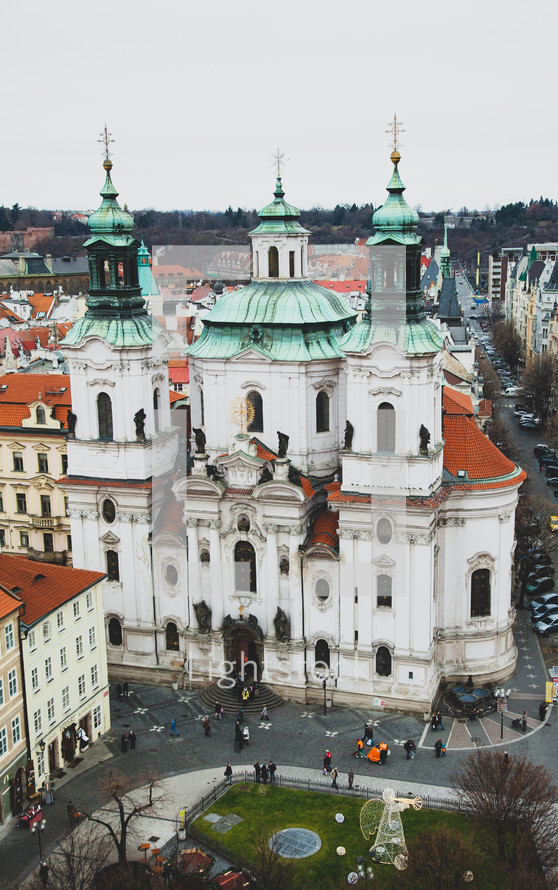 top view of historical center of Prague (Stare Mesto), St. Nicholas Church on Staromestskaya Square, Czech Republic