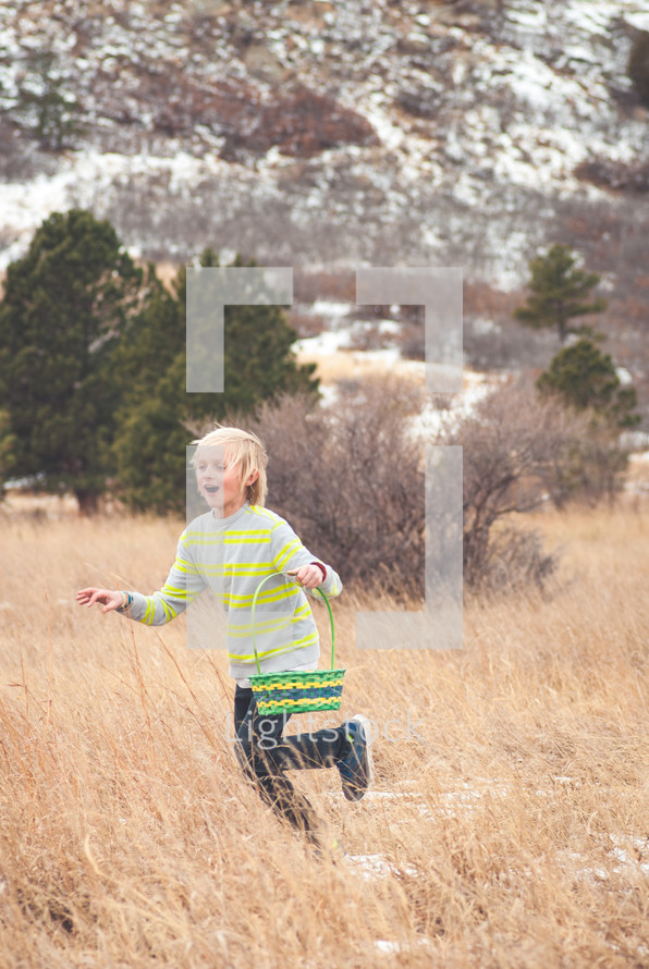 child running with an Easter basket 