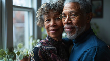 modern African-American elderly standing together at the window in the kitchen. 