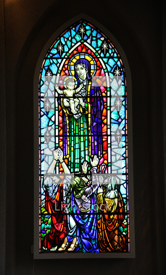 stained glass window of Mary and baby Jesus 