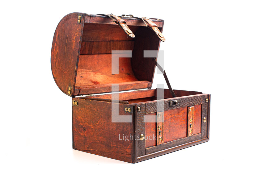 An Empty and Open Wooden and Leather Treasure Chest Isolated on a White Background