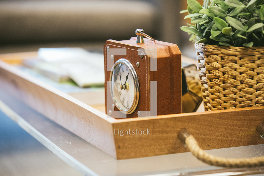 clock and house plant in a wooden tray 