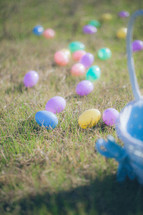 Easter eggs and an Easter basket in the grass