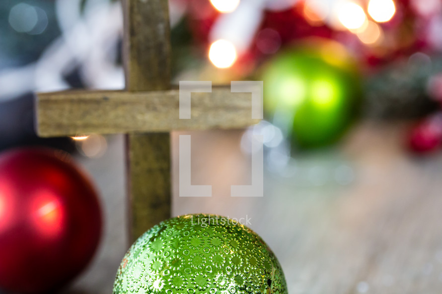 cross and Christmas ornaments 
