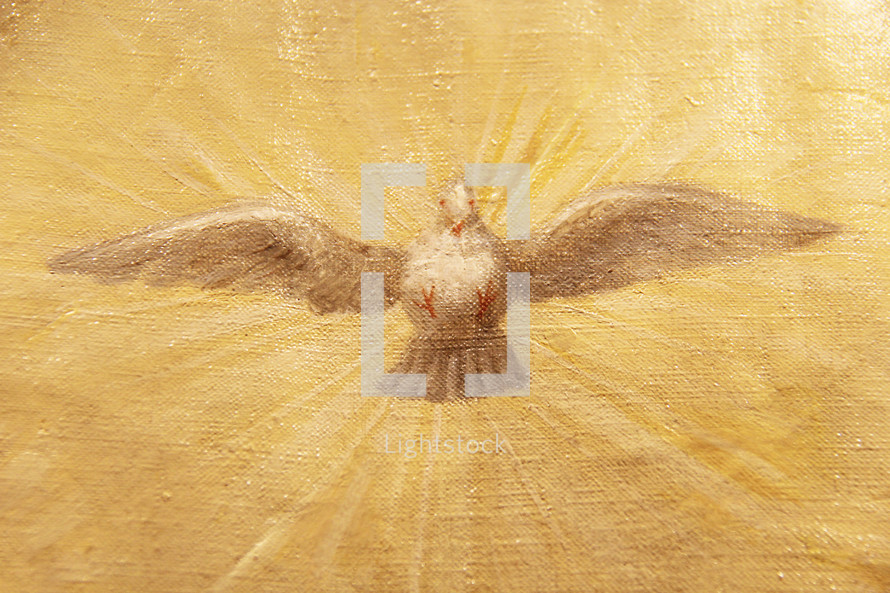 Painting of a descending white dove on a glowing background depicting the Holy Spirit.