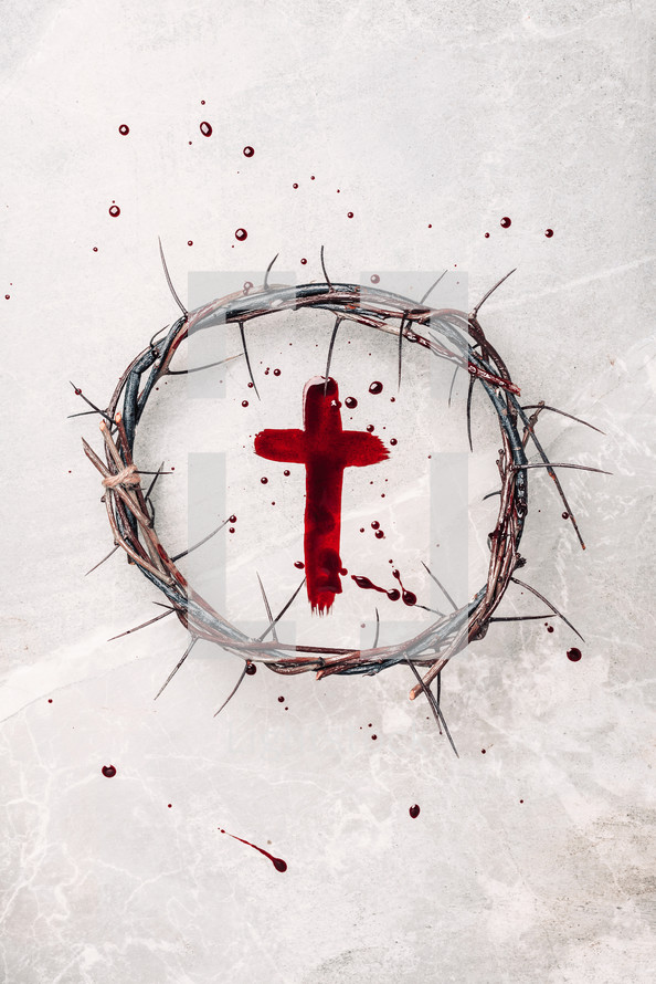 Crown of thorns, cross painted with red blood on stone background. Copy space. Good friday. Passion, crucifixion of Jesus Christ. Christian Easter holiday. Crucifix, gospel, salvation concept
