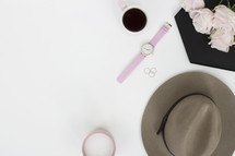 coffee mug, rings, watch, hat, roses, tray, feminine, white background, items 