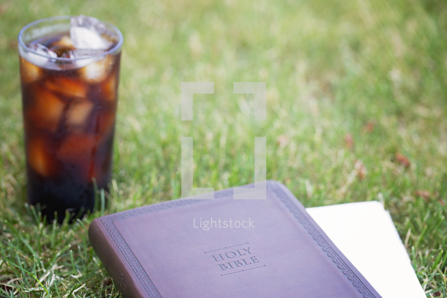 Bible and journal with drink in grass 
