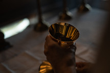 Hand holding a communion chalice.