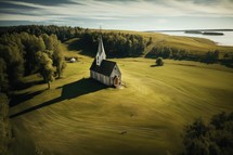 Aerial view of a small church in the middle of a green field