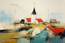 Watercolor painting of a small village on the coast of the Baltic Sea