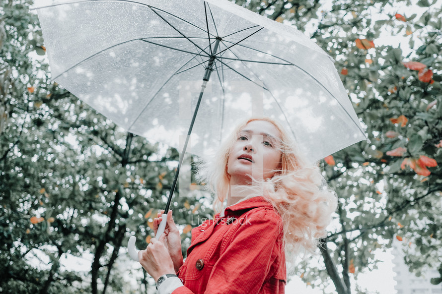 a woman standing under an umbrella
