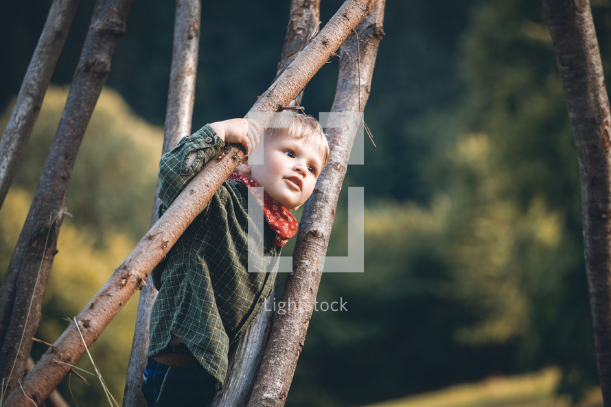 Adorable Cute Blond Boy in Nature between Wooden Logs
