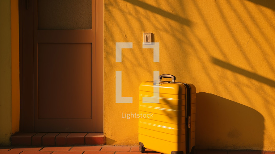 Yellow suitcase in front of a yellow door at sunset. Travel concept. 