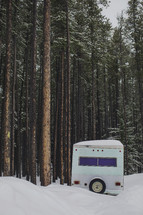 mint green camper in cypress trees and deep snow