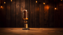 Golden microphone on a desk with lights in the background. 