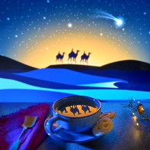 Wisemen on camels reflected in a mug against night sky
