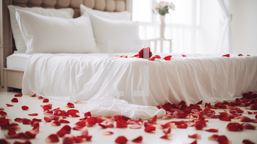 Red rose petals and a red rose on a white bed. Romance concept. 