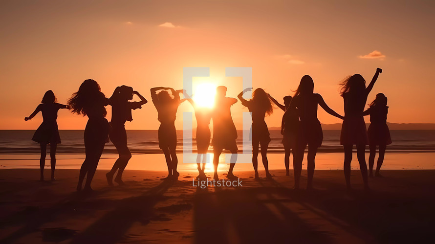 Silhouette of people dancing on the beach at sunset at sunset in Summer. AI Generated