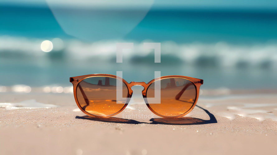 Sunglasses on the beach in summer. AI Generative