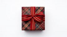Red plaid gift with ribbon bow. 