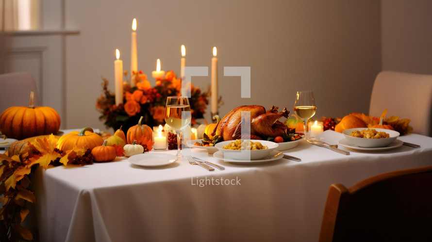 A beautiful table with Thanksgiving dinner served, turkey, mashed potatoes, a pumpkins topped of with candle lights, 