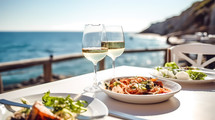 Fish-based restaurant with a delicious dish and a glass of wine near the sea in summer. AI Generated