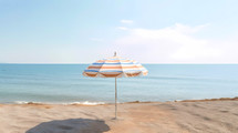 Beach umbrella on the sand in front of a calm sea in Summer. AI Generative