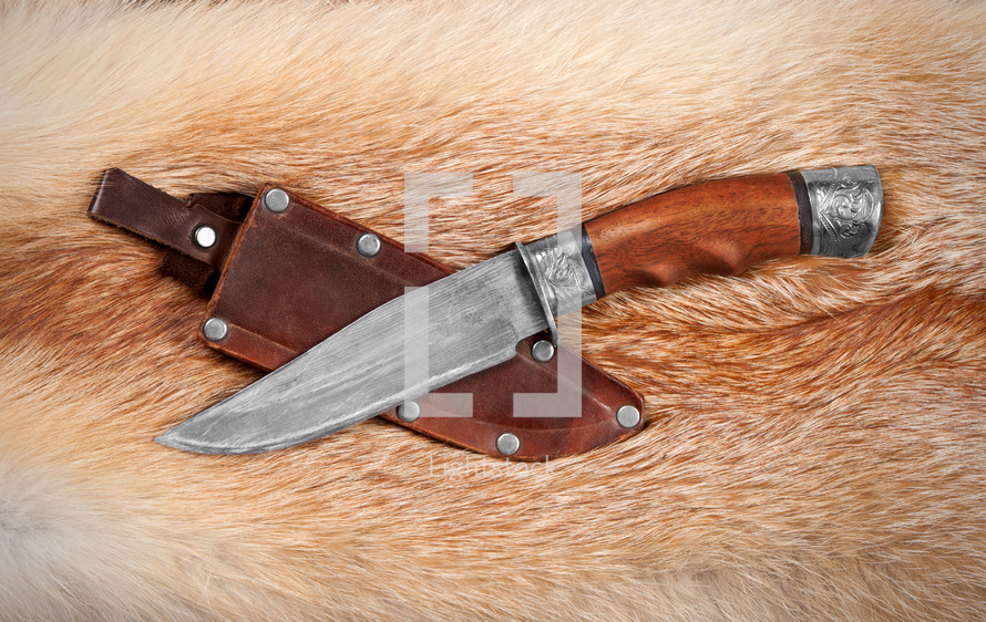 Knife and case on animal fut.