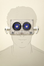 Abstract Audio Cassette over Man Face. Man Listen Music  With Earphones