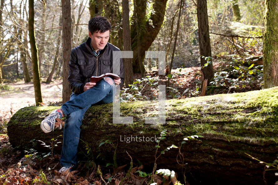 man sitting on a fallen tree reading a Bible in a forest