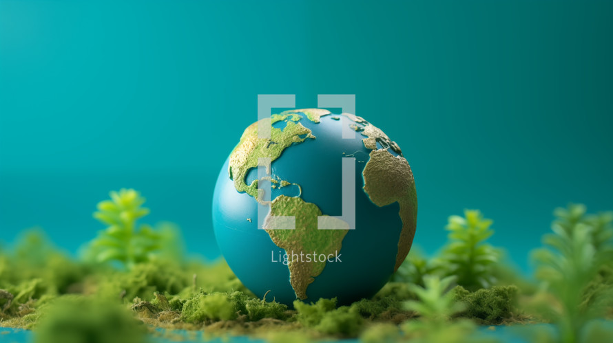 Model earth on a blue background with greenery. 