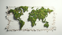 World map made of greenery on a crumbling white brick wall. 