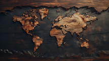 World map carved into a wood background. 