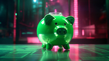 A green piggy bank in a neon lit room. Finances concept. 