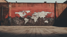 World map painted on a brick outer wall. 