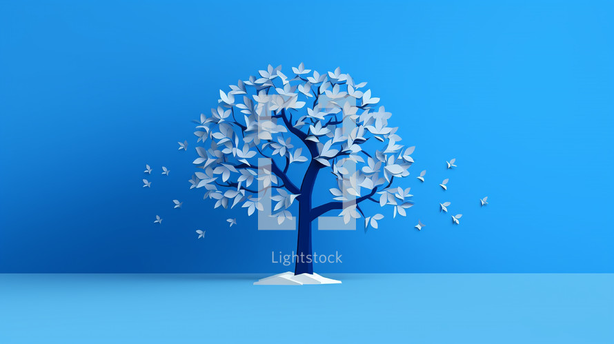 Origami tree on a blue background.