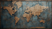 Old vintage world map on a blue rustic background. 