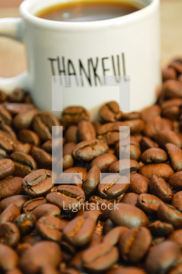 Thankful Coffee Mug Surrounded by Coffee Beans