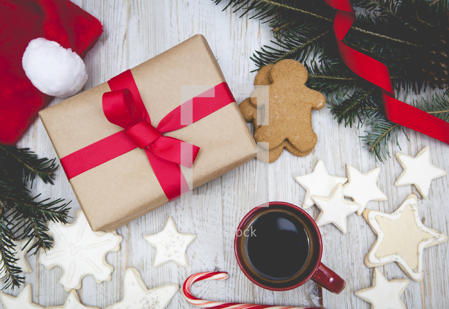 Christmas Cookies, Coffee and Gift Background