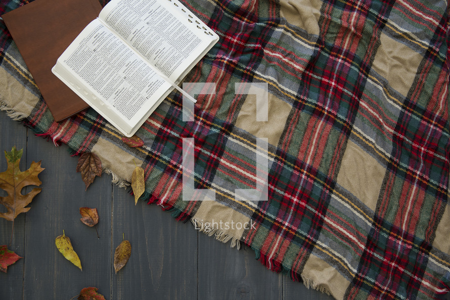 open Bible on a plaid blanket 