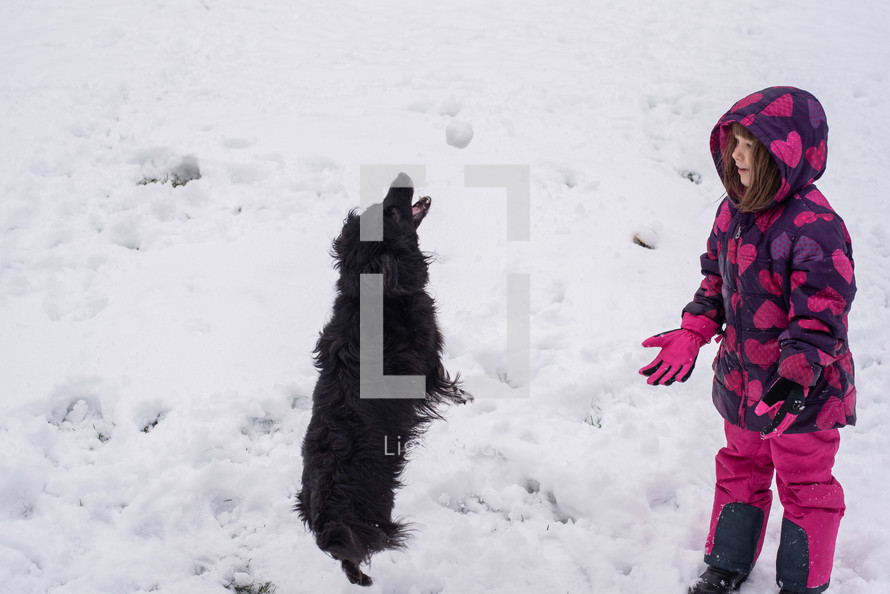 Little girl playing in the snow with her dog